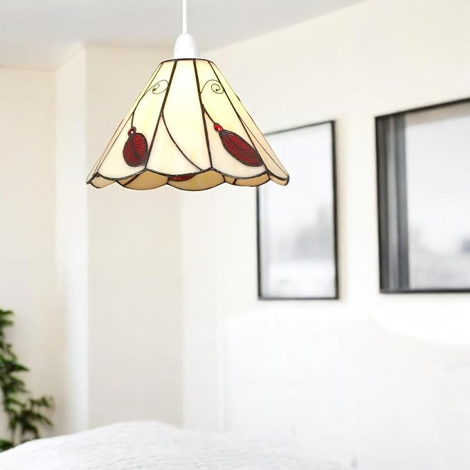 Beige & Red Tiffany Style Leaf Pendant Shade