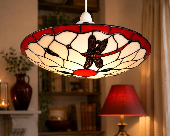 Red & Beige Tiffany Dragonfly Pendant Shade