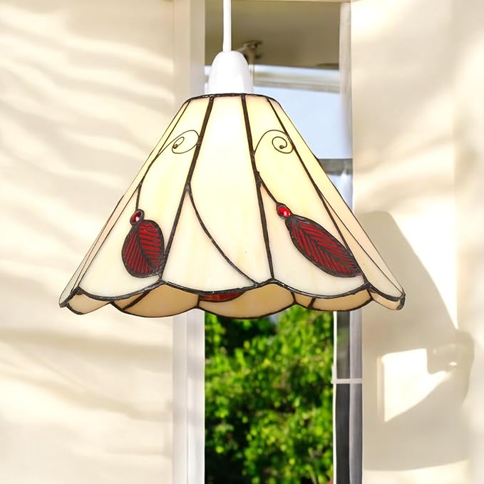 Beige & Red Tiffany Style Leaf Pendant Shade
