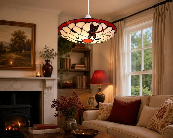 Red & Beige Tiffany Dragonfly Pendant Shade